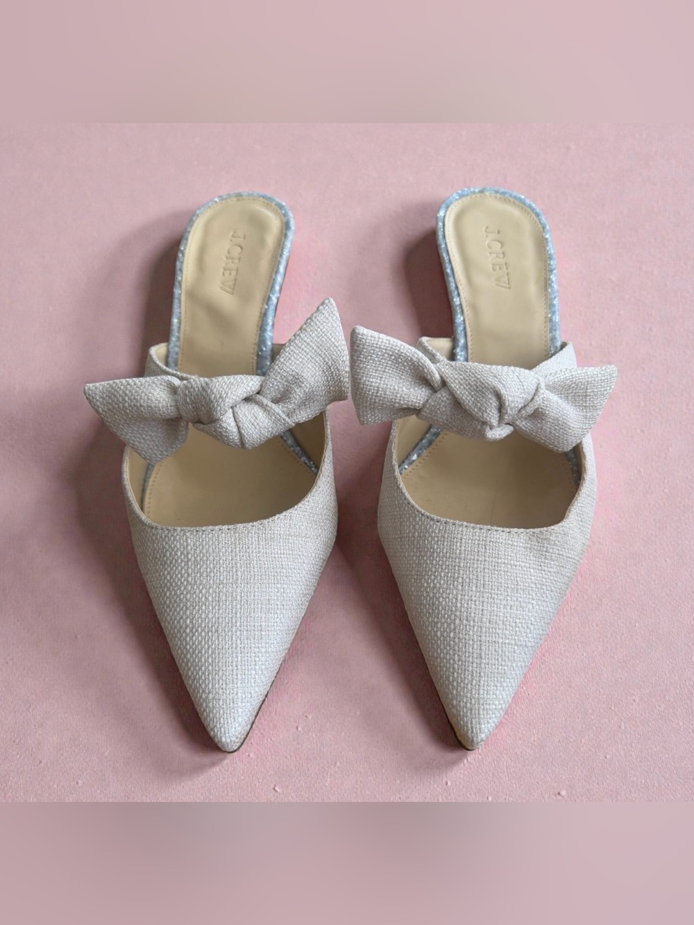 J. Crew Cream Pointed-Toe Bow Mules